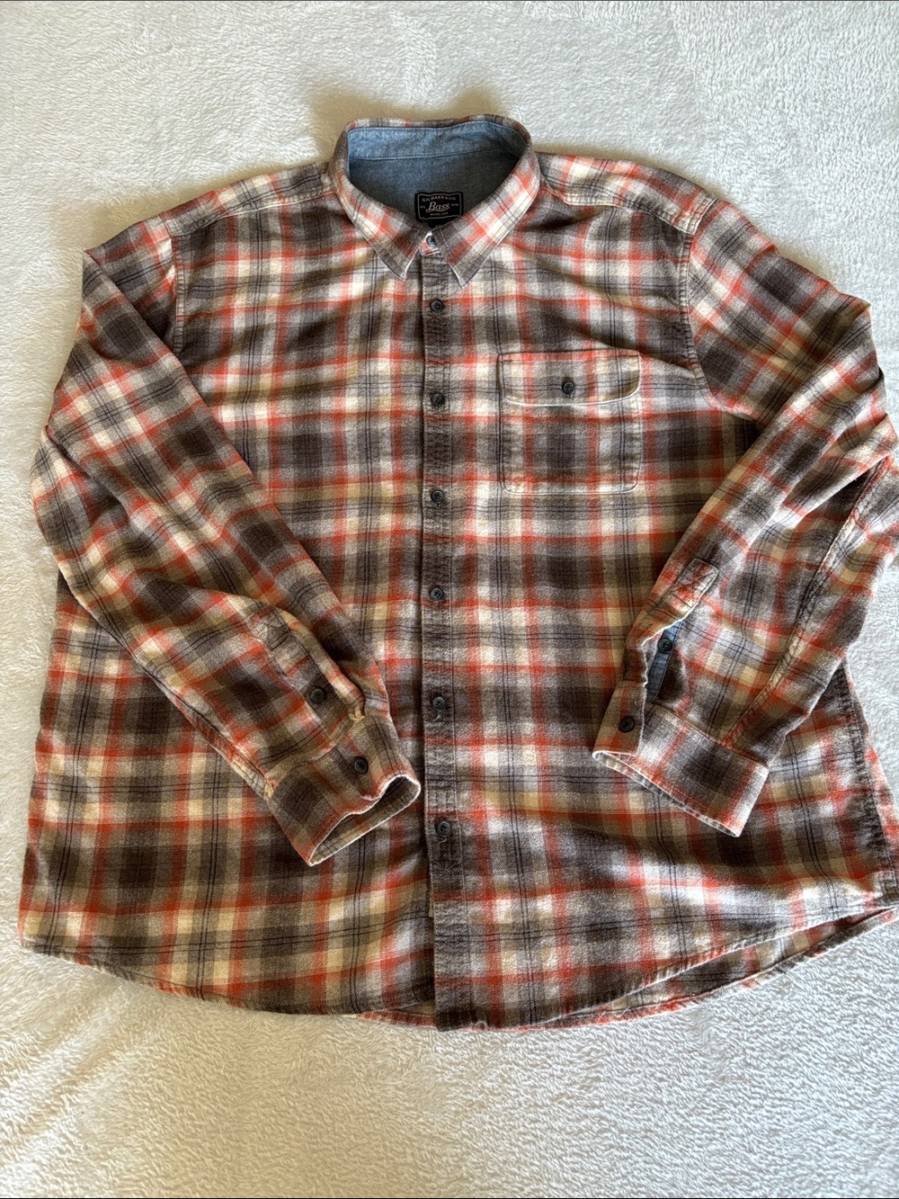 Bass Plaid Flannel Shirt Men’s XXL Gray Rust 100% Cotton EUC